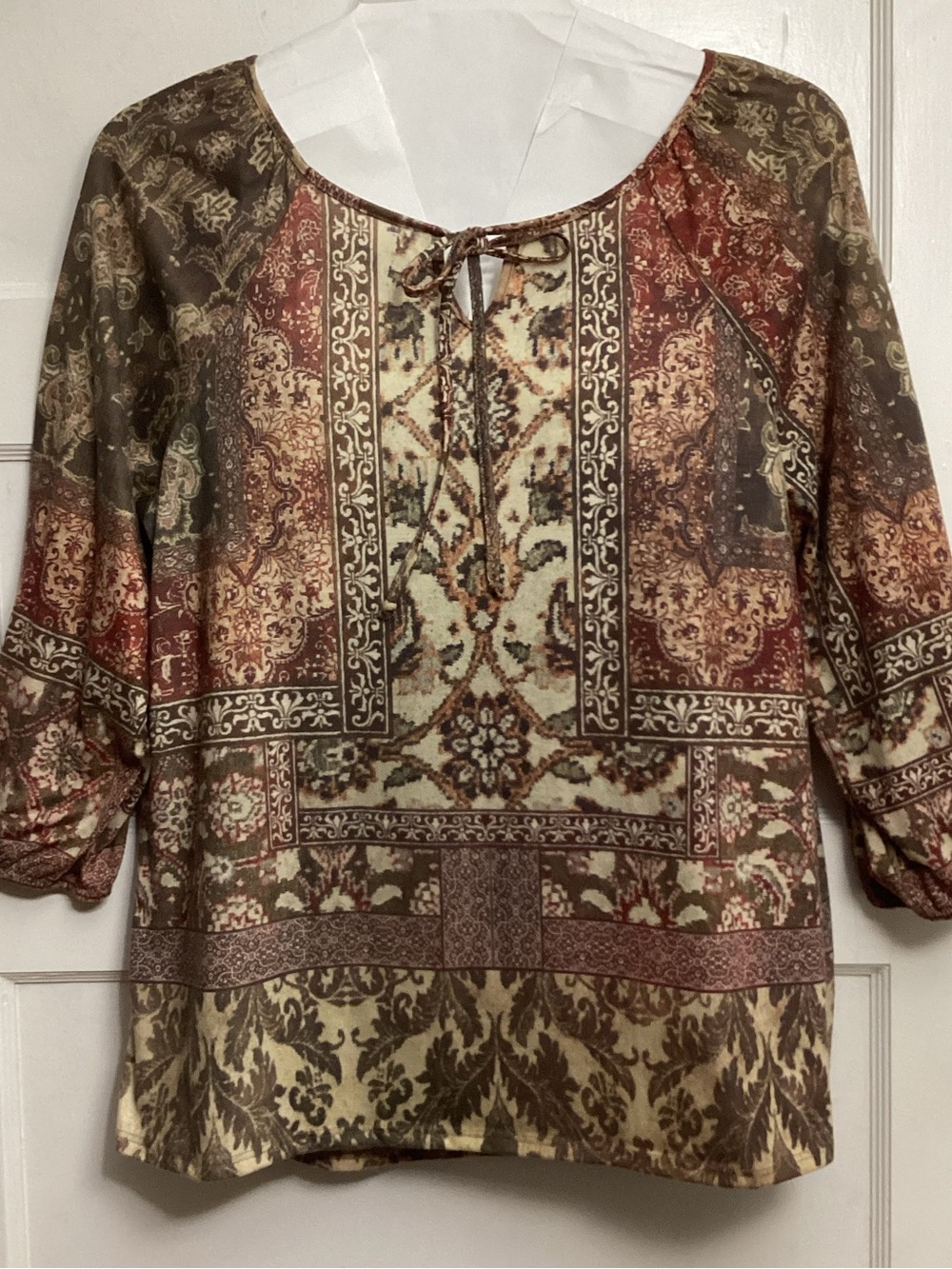 new directions Olive and Rust Patchwork Tie-Neck Blouse